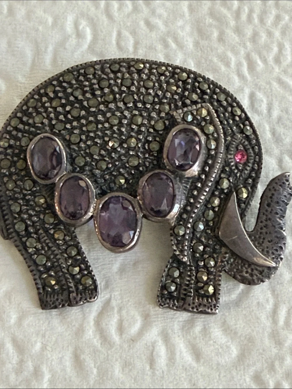 Amethyst-Tone Elephant Brooch with Marcasite Accents